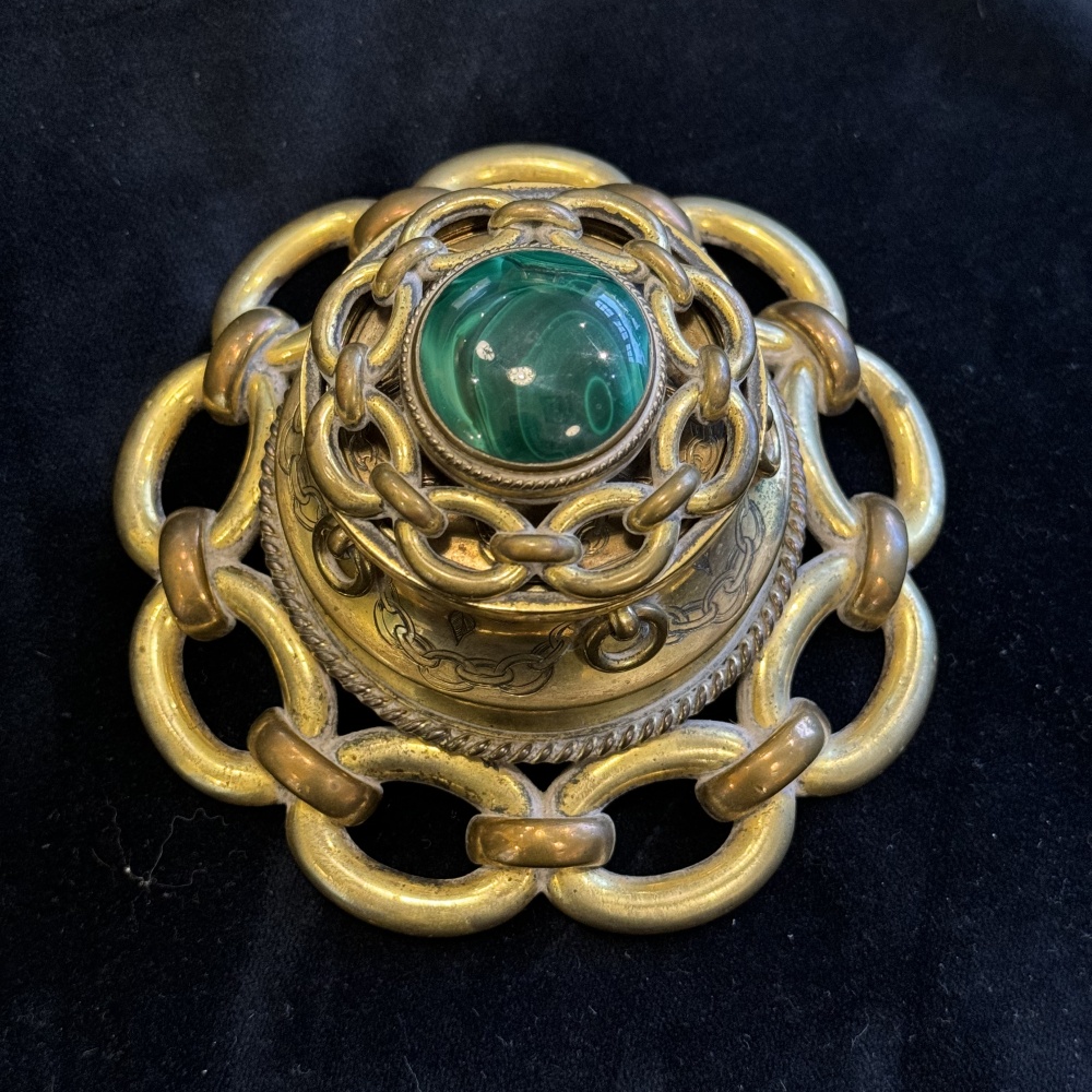 Victorian Malachite & Ormolu Inkwell, c. 1870