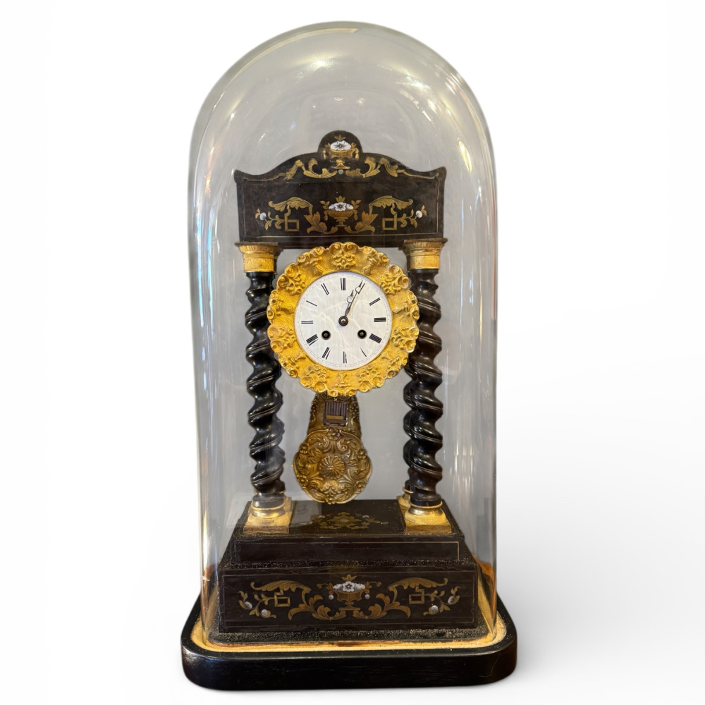 French clock in large antique glass dome, circa 1900
