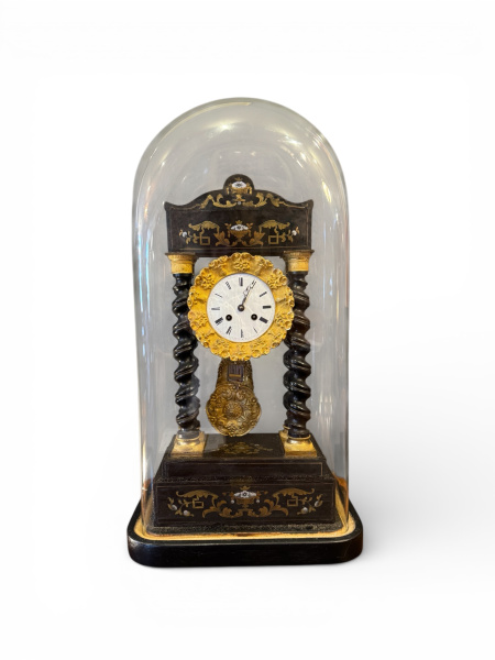 French clock in large antique glass dome, circa 1900